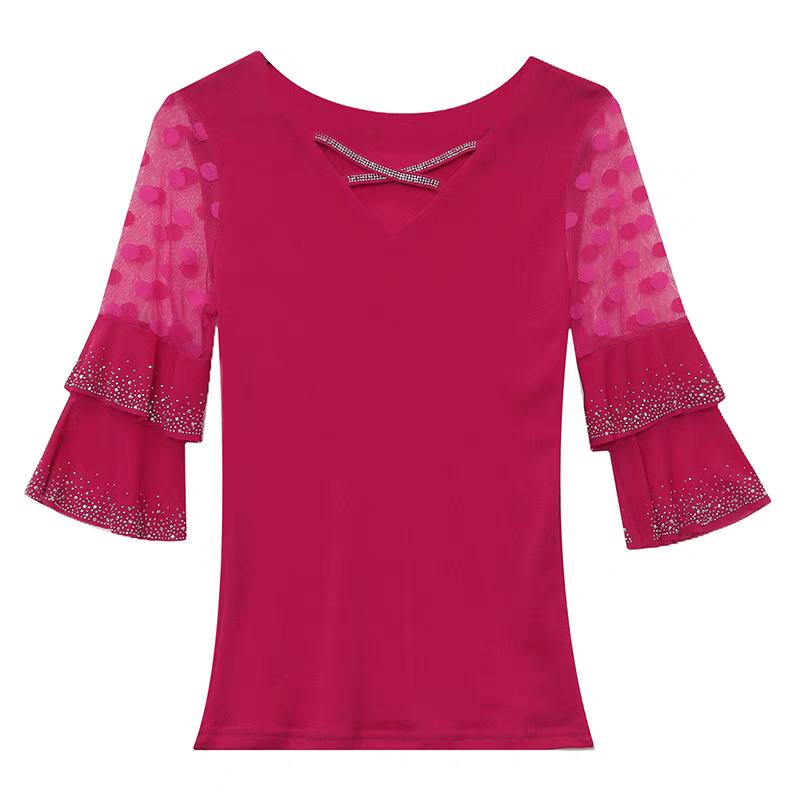 Summer European Clothes New Sexy V-neck Mesh T-shirt Hot Diamonds Women's Tops Fashion Flare Sleeve Tees