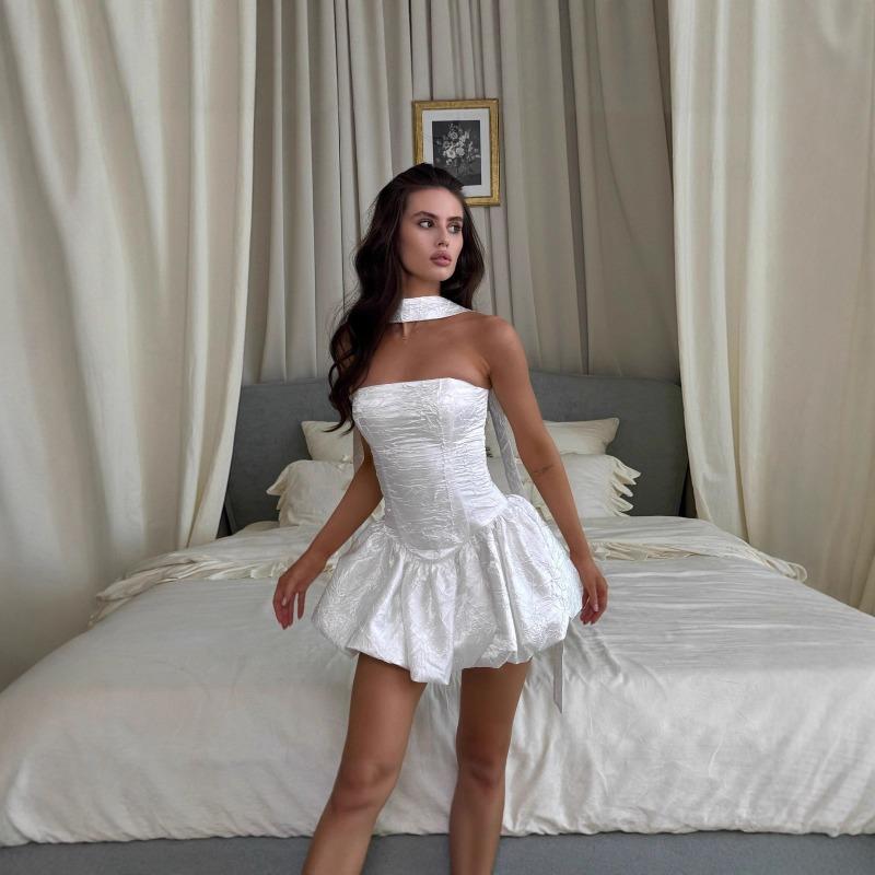 Women's Autumn New Fashion French Sexy Tube Top Dress Streamer Waist Puffy Skirt