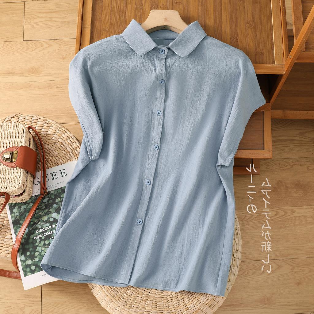 2025 Summer New Literary Cotton Solid Color Women's Shirt Loose Retro POLO Neck Small Flying Sleeve Cardigan Top