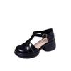 Baotou Sandals Women's Summer New Round Head Shallow Mouth One-word Buckle Thick Heel Thick Sole Not Tired Feet Hollow Mary Jane Leather Shoes
