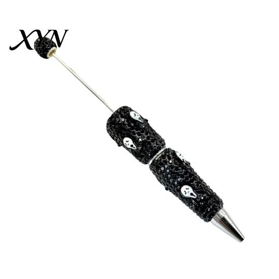 Rhinestone Writing Pen Beadable Pen, Glitter Plastic Beaded Halloween Pumpkin Ghost Skull DIY Set Gel Ink for Craft Making, School Office Supplies