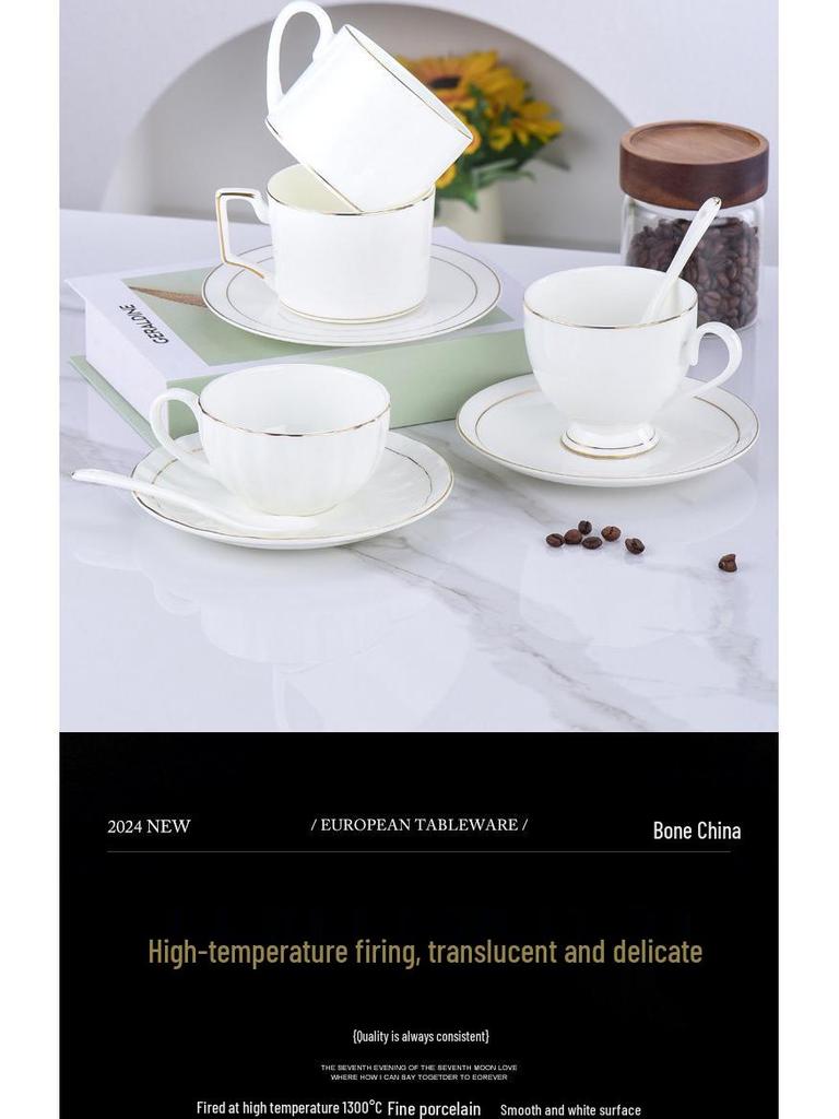 Luxurious Bone China Gold Rim Coffee Cup & Saucer Set - Pure White Ceramic English Style for Hotels and European Coffee Service