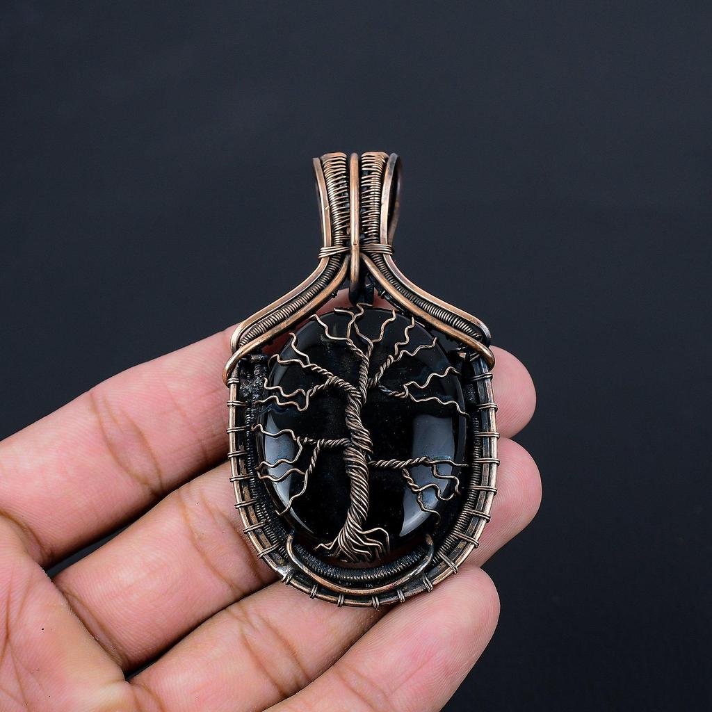 Baum des Lebens, schwarzer Onyx, Edelstein, reiner Kupferdraht, umwickelt, handgefertigter Schmuckanhänger