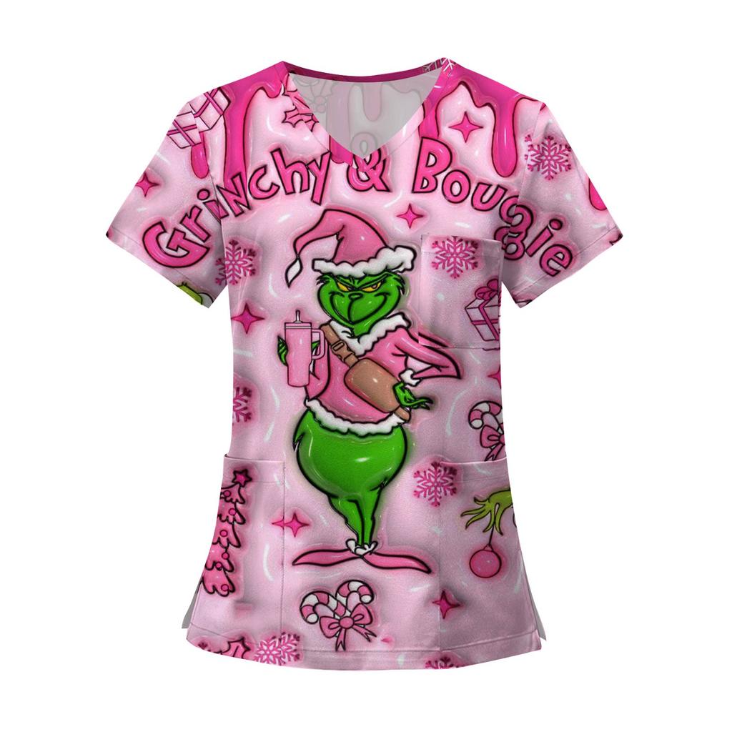 Damenmode Bedruckte Kurzarm-Oberteile mit V-Ausschnitt und Muster, Taschen, Arbeits-T-Shirts