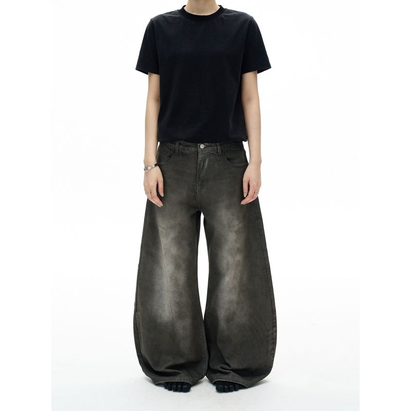 Madwitch American-Style Trendy Brand Distressed Washed Scimitar Jeans for Men and Women, Loose Wide-Leg Cool Design Pants