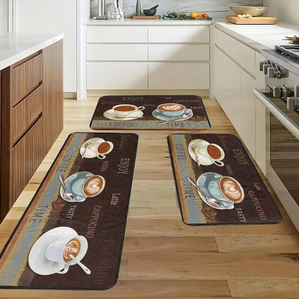 1 Stück Kaffeepause Muster Küchenteppich Rutschfeste Fußmatte Pop Design Badezimmerteppich Badematte Teppich für Zuhause Spüle Wäsche ecoreeree