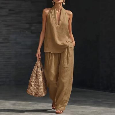 Plus Size Women's Halter V-neck Cotton Linen Blend Casual Two-piece Set