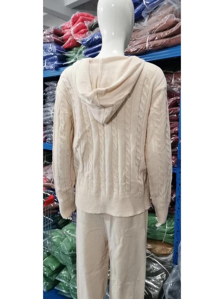 Autumn/Winter Cable Knit Hooded Zip-Up Top and Home Set for Women