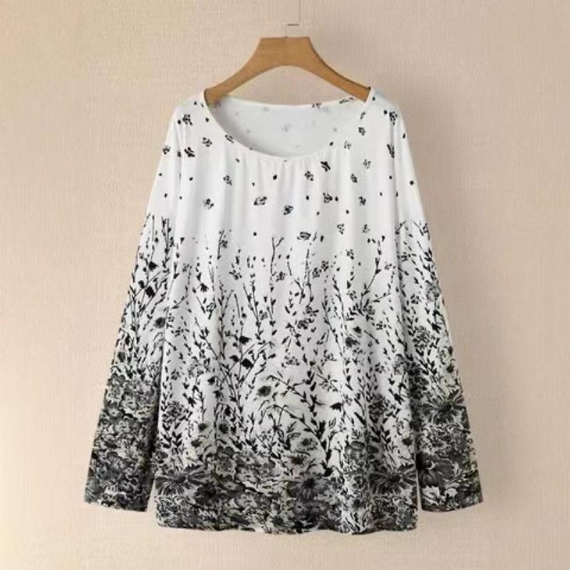 Plus Size Women S Long Sleeve Crew Neck Floral Print Spliced T Shirt
