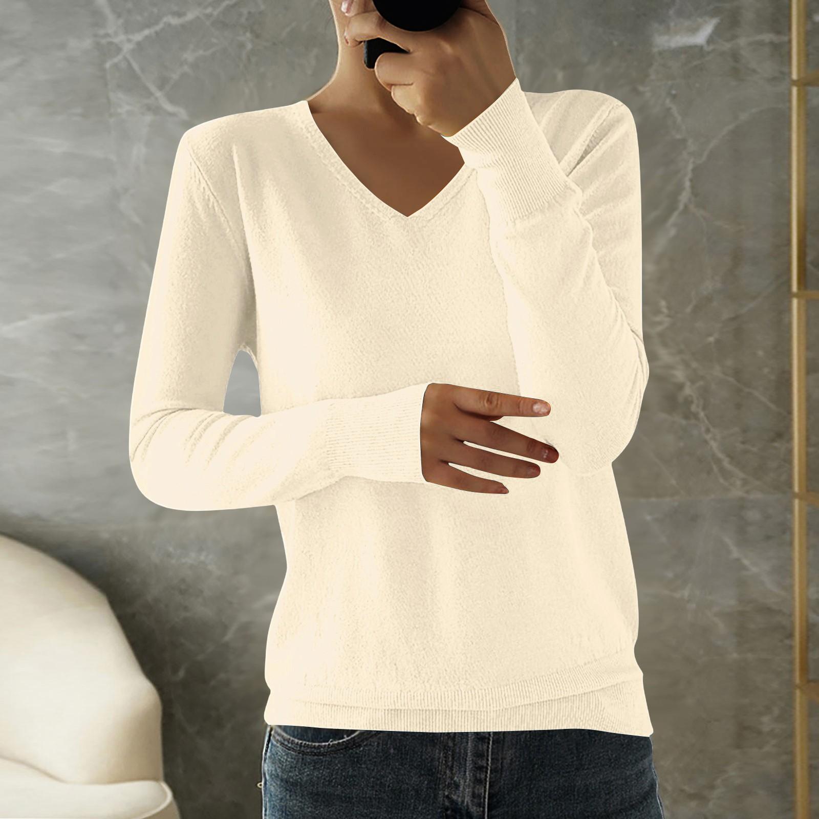 

Women s Fashion Loose Knit Sweater Bottom Shirt V-Neck Pullover Long Sleeve Solid Color Top S бежевий