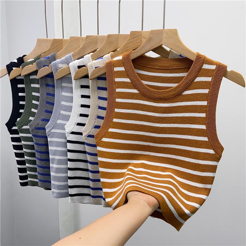 Harajuku Elasticity Women Yoga Sleeveless Crop Tops Allmatch Camisole Y2k Kintted Sports Tops Oneck Casual Thin Stripe Slim Tank Tops Summer
