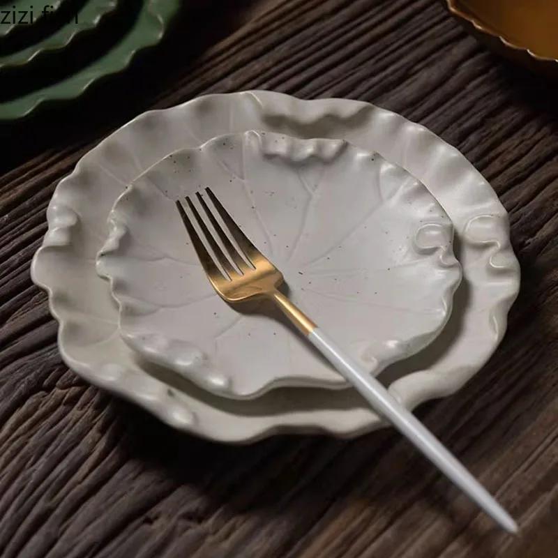 Farfurie ceramică cu frunze de lotus neregulate, farfurie pentru friptură, desert, gustare, farfurie pentru salată, farfurii pentru paste, veselă japoneză