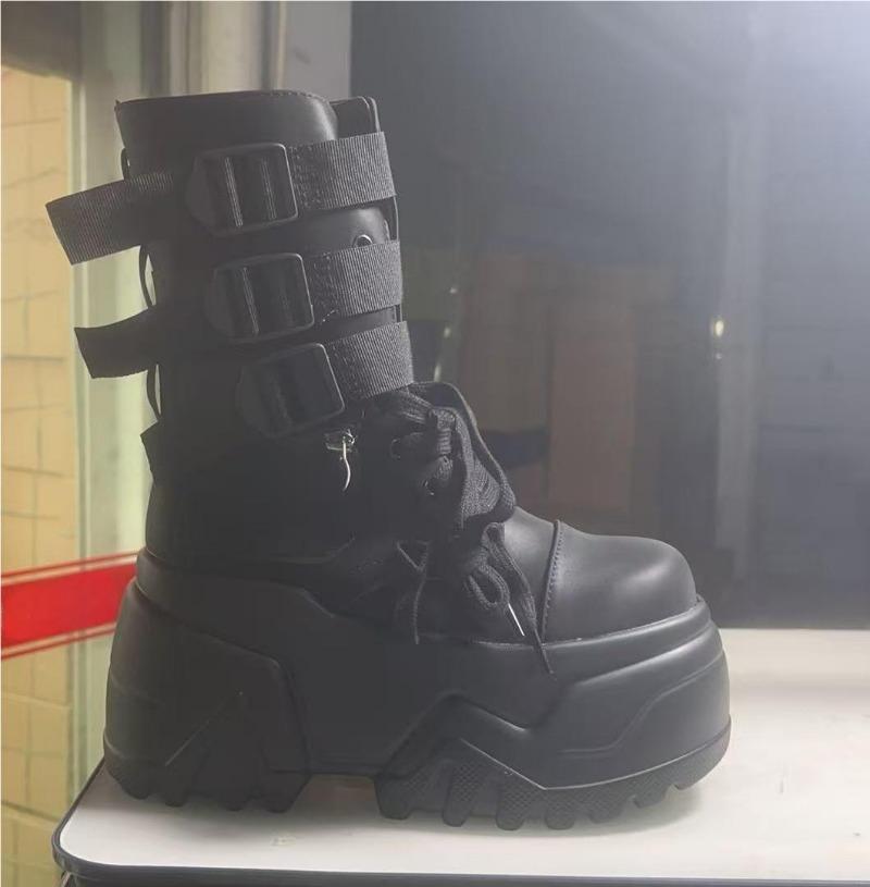 Fashion Women Ankle Booties Autumn Leather Chunky Shoes Woman High Platform Breathable Sneakers 9CM Thick Sole Wedges Motorcycles Boots