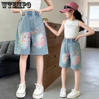 Summer Jean Girls Cartoon Fashion Versatile Denim Shorts Girls Loose Five Quarter Pants Thin Pants