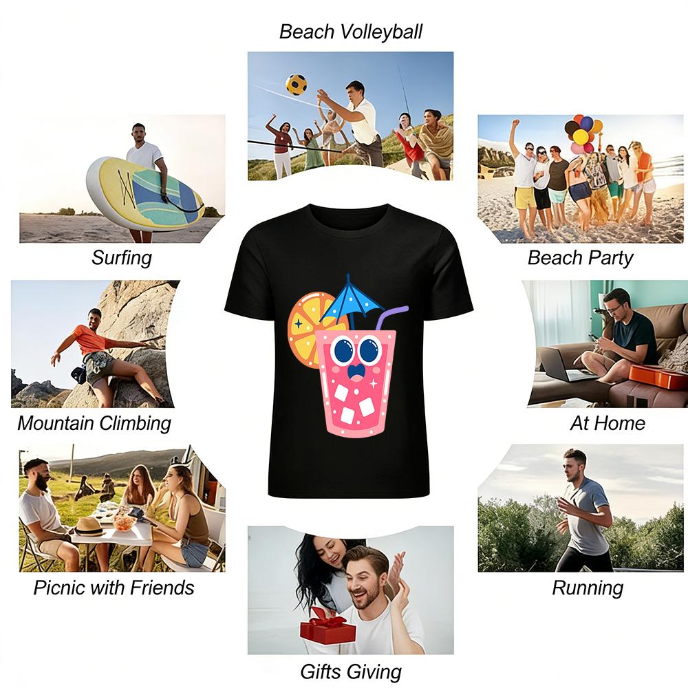 Cartoon Juice Cup Print T-Shirt Summer Fresh Funny Style Casual Breathable Cotton Top For Adults Kids Pure Cotton T-shirt