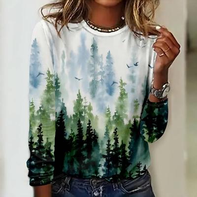 Women's Natural Scenery Pattern Fashionable Casual Long Sleeved T-shirt
