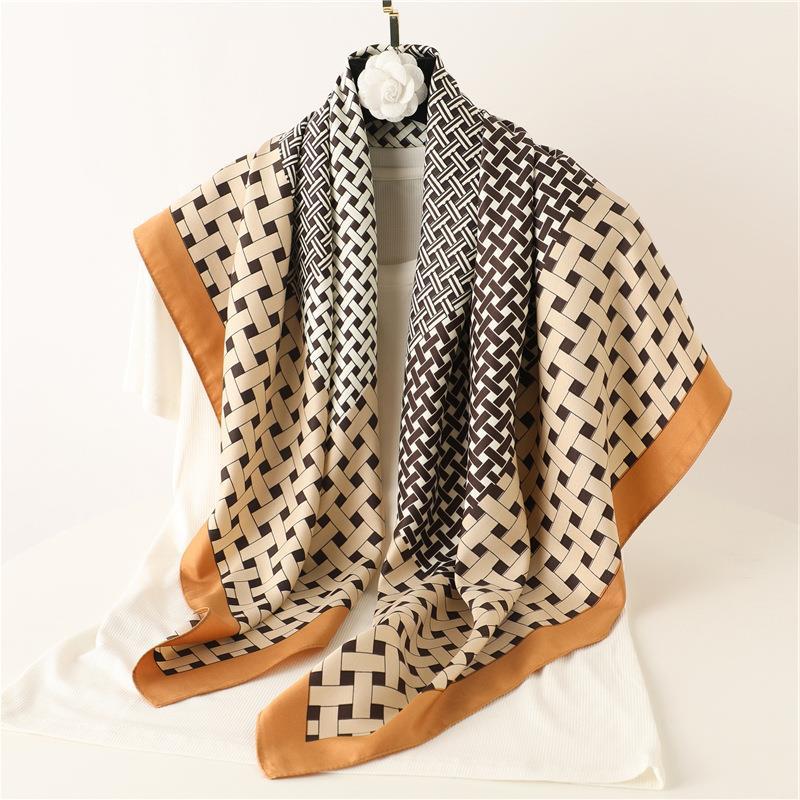 Woven Plaid Scarf Twill Silk Large Square Scarf Women's Silk Scarf Autumn and Winter New Versatile Travel Shawl Headscarf