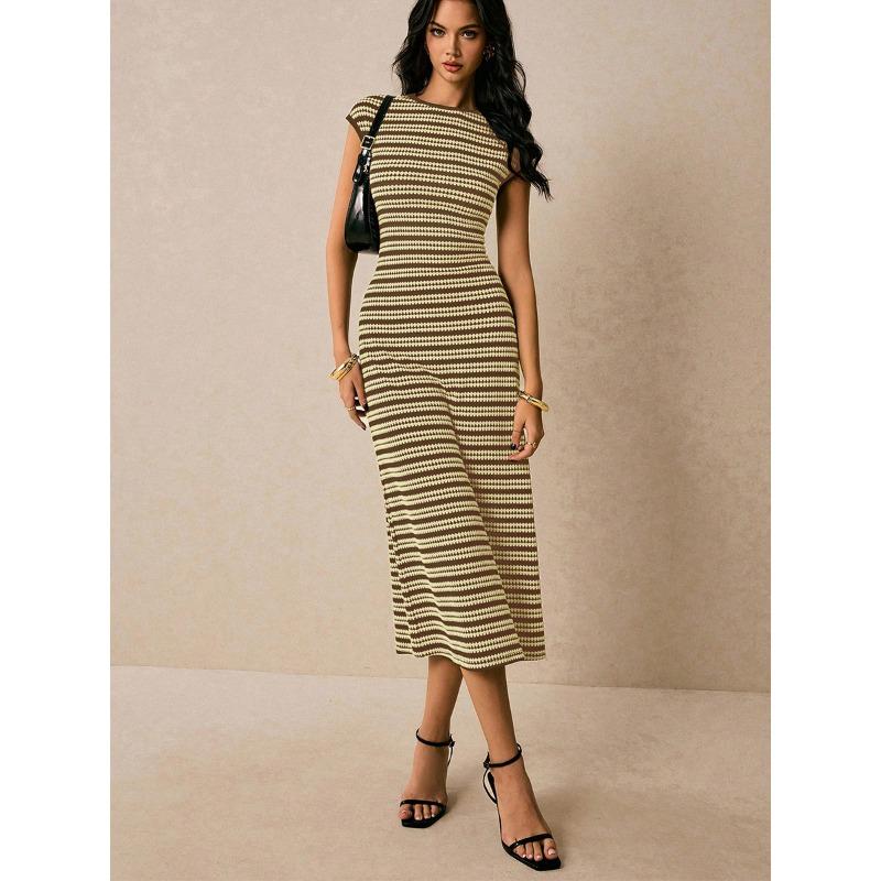Abito estivo a righe in maglia Slim Fit Elegante da festa Casual Senza maniche Abiti da sera Eleganti 2026 Dolce per ufficio Streetwear Bodycon Abbigliamento