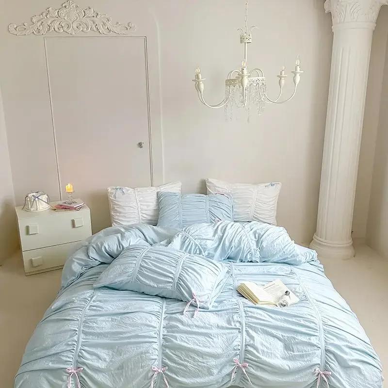 

Ruffles Pleated White Duvet Cover Set Double Queen King Twin Cotton Microfiber Bedding Set Flat/Fitted Sheet Pillowcases Flat sheet style&1.8m sheet 4pcs