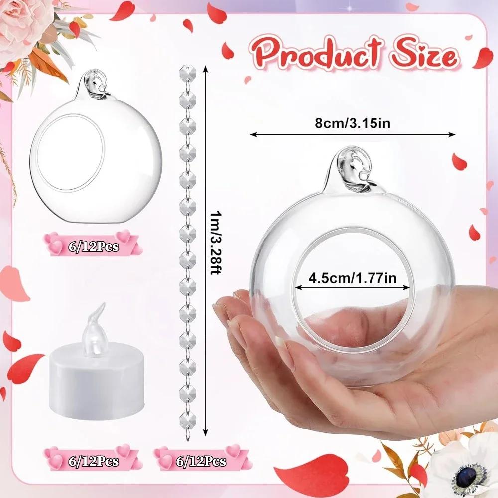 6/12Pcs Hanging Candle Holder Glass Globes Orbs with Crystal Bead Garland Tea Lights Candles Holder for Wedding Party Tree Decor
