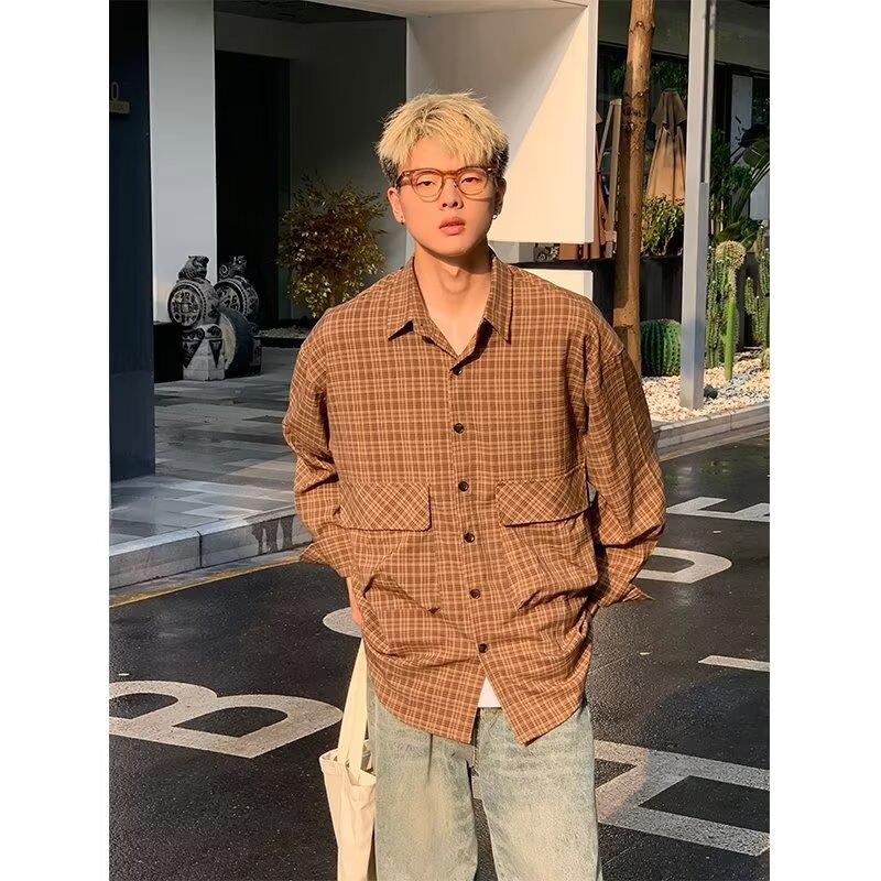 Japanese-Style Retro Large Pocket Plaid Long-Sleeved Shirt Men and Women Vintage Multi-Pocket Couple Contrast Color Shirt Coat