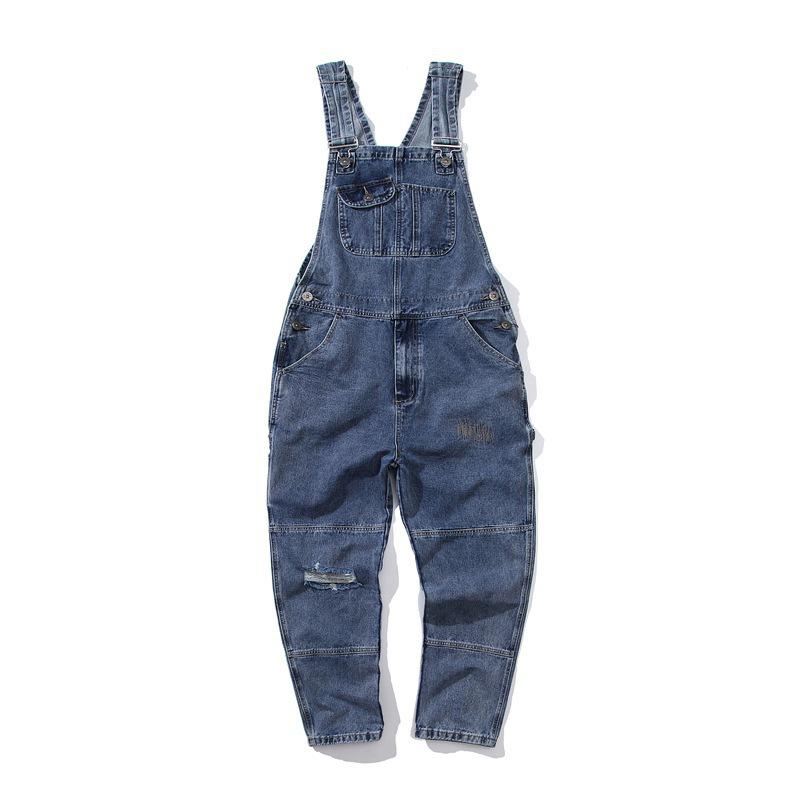 Men's Ripped Retro Denim Jumpsuit: Loose, Trending, and Versatile Casual Overalls.