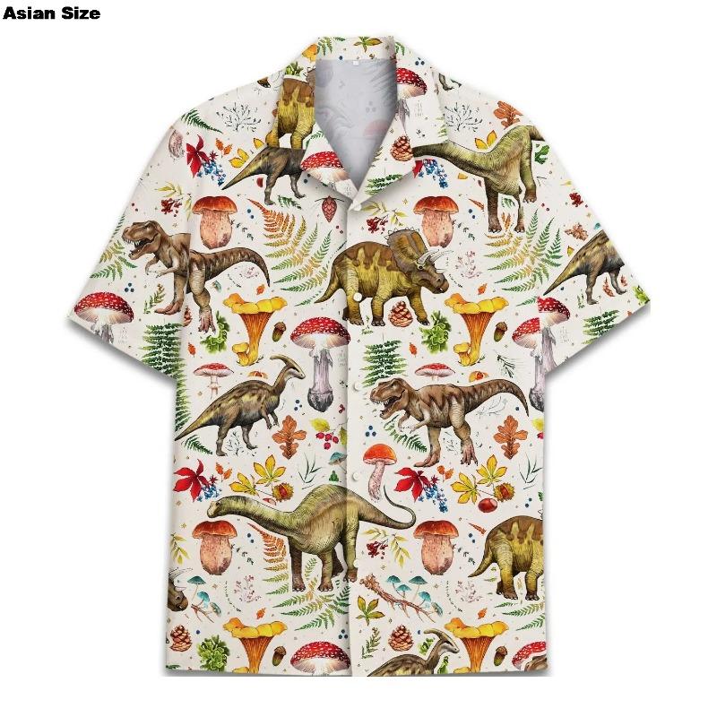 Lustige Dinosaurier Hawaiianhemden 3D-Druck Lässig Herren Damen Sommer Strand Kurzarmbluse Mode Herren Dino Knopf Kleidung 2XL brown