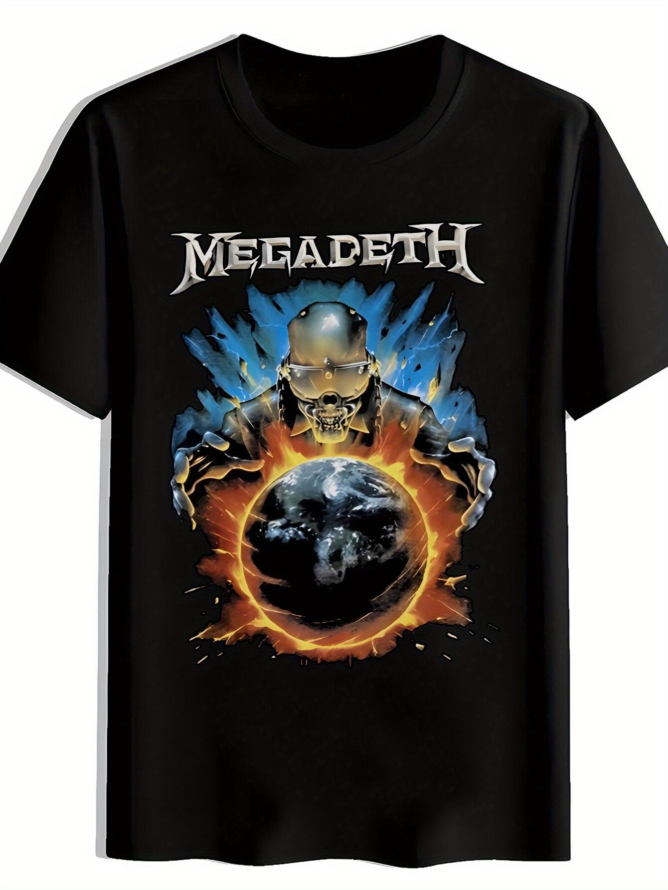Black  Megadeth  Graphic T-shirt - Vintage Rock Band Design with Skull & Earth M