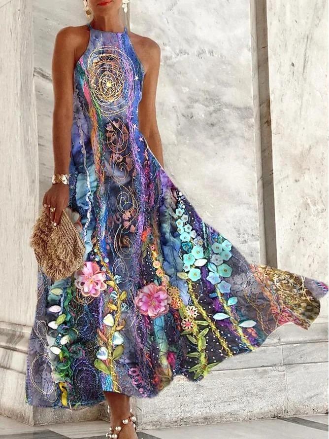 Women's Summer Sleeveless Print Slim Fit Midi Dress