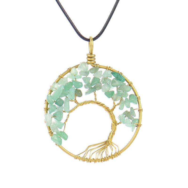 Hand-Wound Natural Gravel Crystal Pure Copper Curved Tree Of Life Pendant Necklace N43