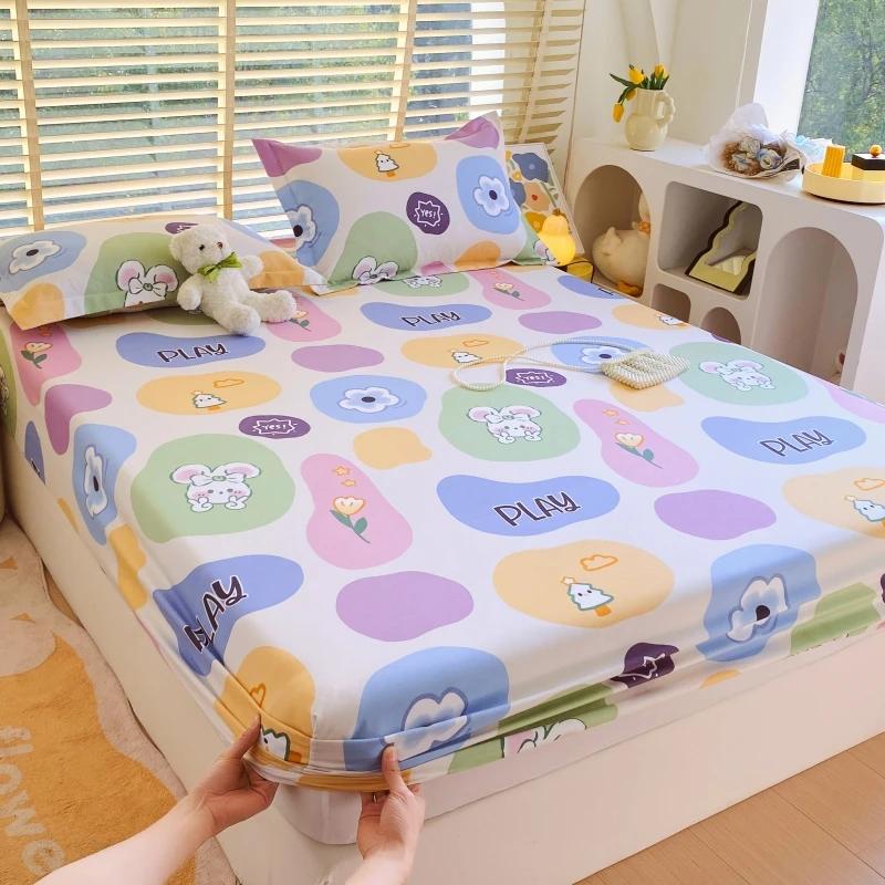 Cartoon Style Rabbit Fitted Sheet Set Skin-friendly Breathable Non-slip Bed Cover with 2 Pillowcases Bedding Set for Boys Girls