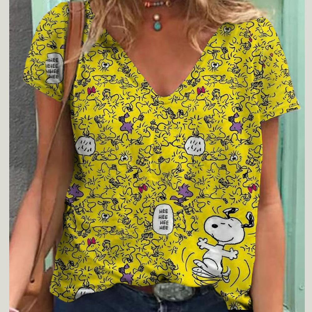 V-Neck Women's Sexy T-shirts Short Sleeve Breathable Simple Snoopy Cartoon Print Tops T-shirt Fun Patterns 15 Color Pullover Top