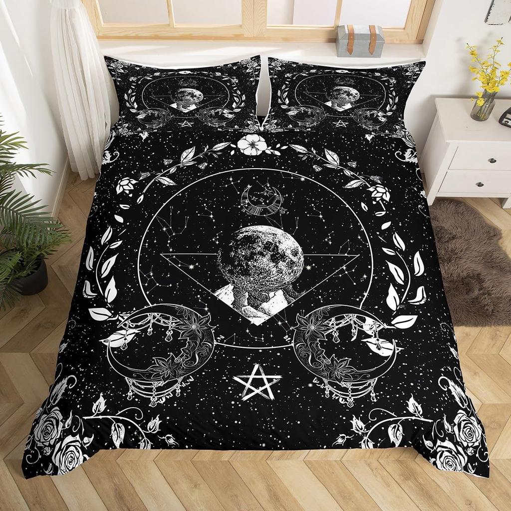 Zestaw poszewek na kołdrę Słońce i Księżyc Rozmiar Queen, Zestaw pościeli w stylu Boho Hippy ze znakiem Pokoju, Dekoracja pokoju dziewcząt i chłopców, Rustykalna poszewka na kołdrę