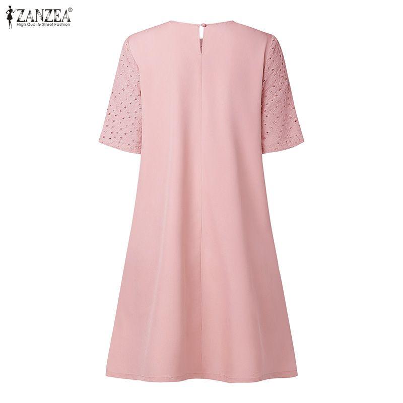 ZANZEA Women Casual Hollow Embroidered Patchwork Summer Short Sleeve Dress