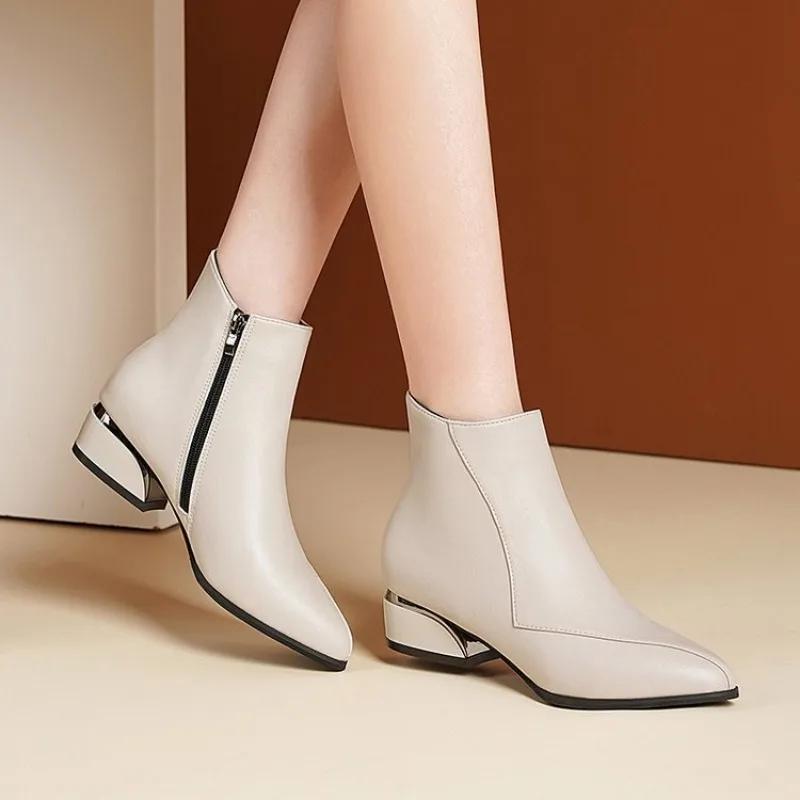 Autumn/Winter New Coarse Heel Short Boots for Women Pointed Splicing Side Zipper Mid Heel Fashion Single Boots