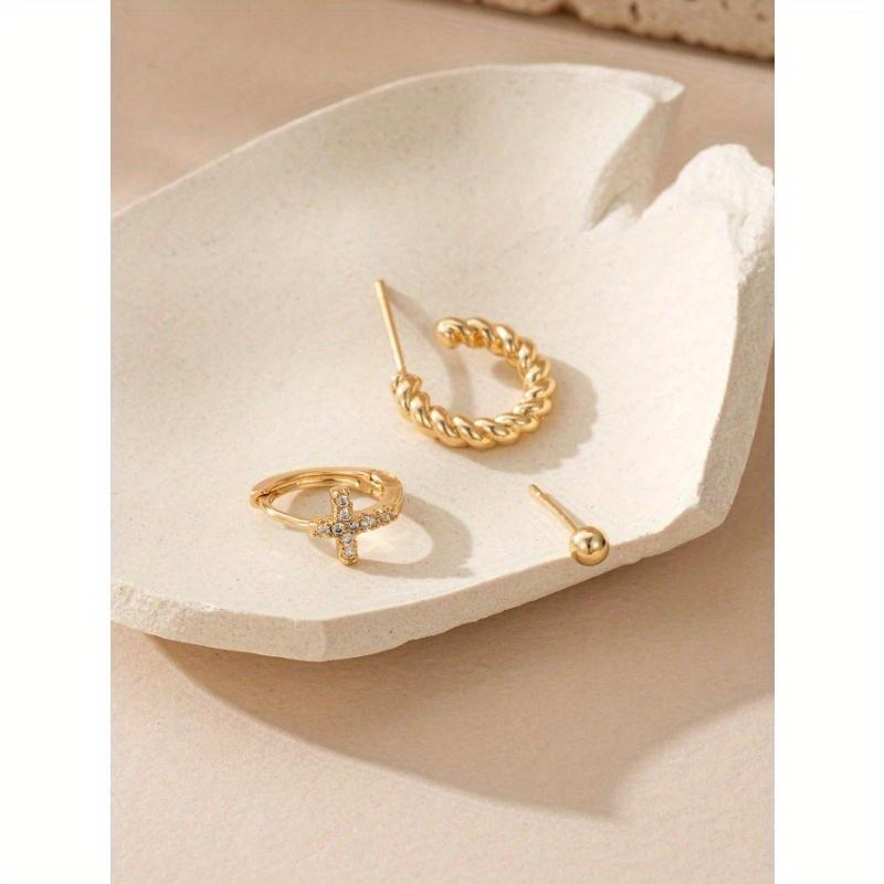 3pcs/Set Elegant Cubic Zirconia Cross Stud & Dangle Earrings Set, Copper Hoops, Everyday Casual Accessories, Holiday Gift For Women