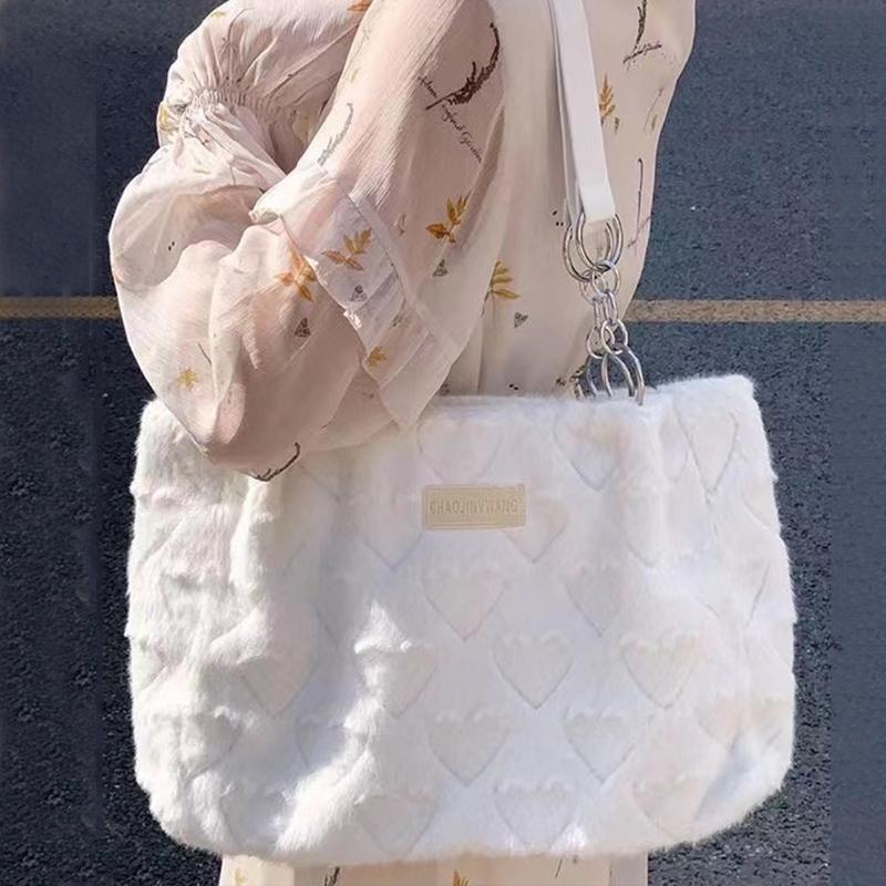 

Cute Furry Women s Casual Tote Bags Love Heart Ladies Sweet Shoulder Underarm Bag Solid Color Female Fashion Plush Handbags ARI 36x9x24cm