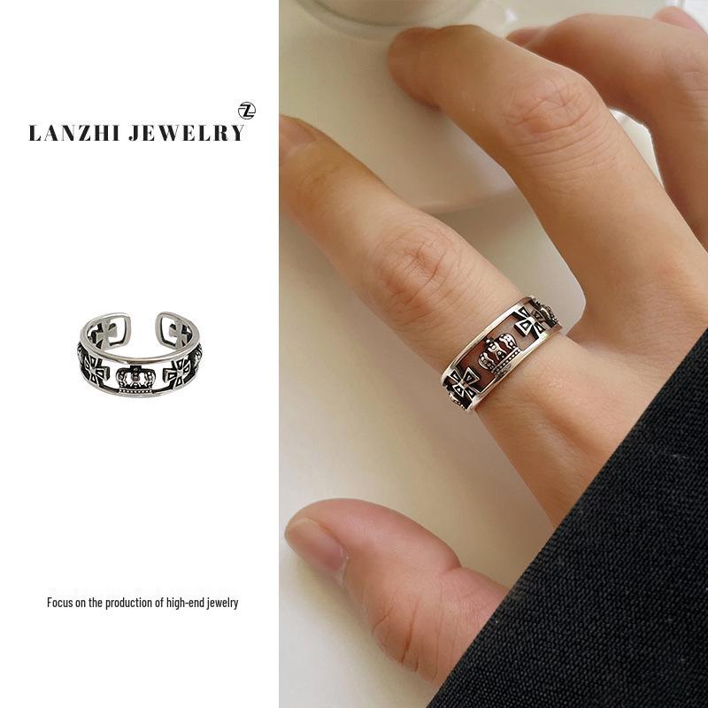 

Lan Zhi 925 Sterling Silver Cross Crown Ring - Sweet, Cool, Non-Fading, Pure Silver, Unique Design Adjustable Opening