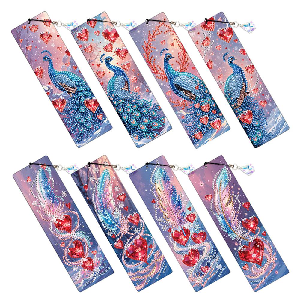 8Pcs Diamond Painting Art Bookmarks Colored Patterns DIY Diamond Painting Bookmark with Crystal Pendants for Reading Enthusiasts