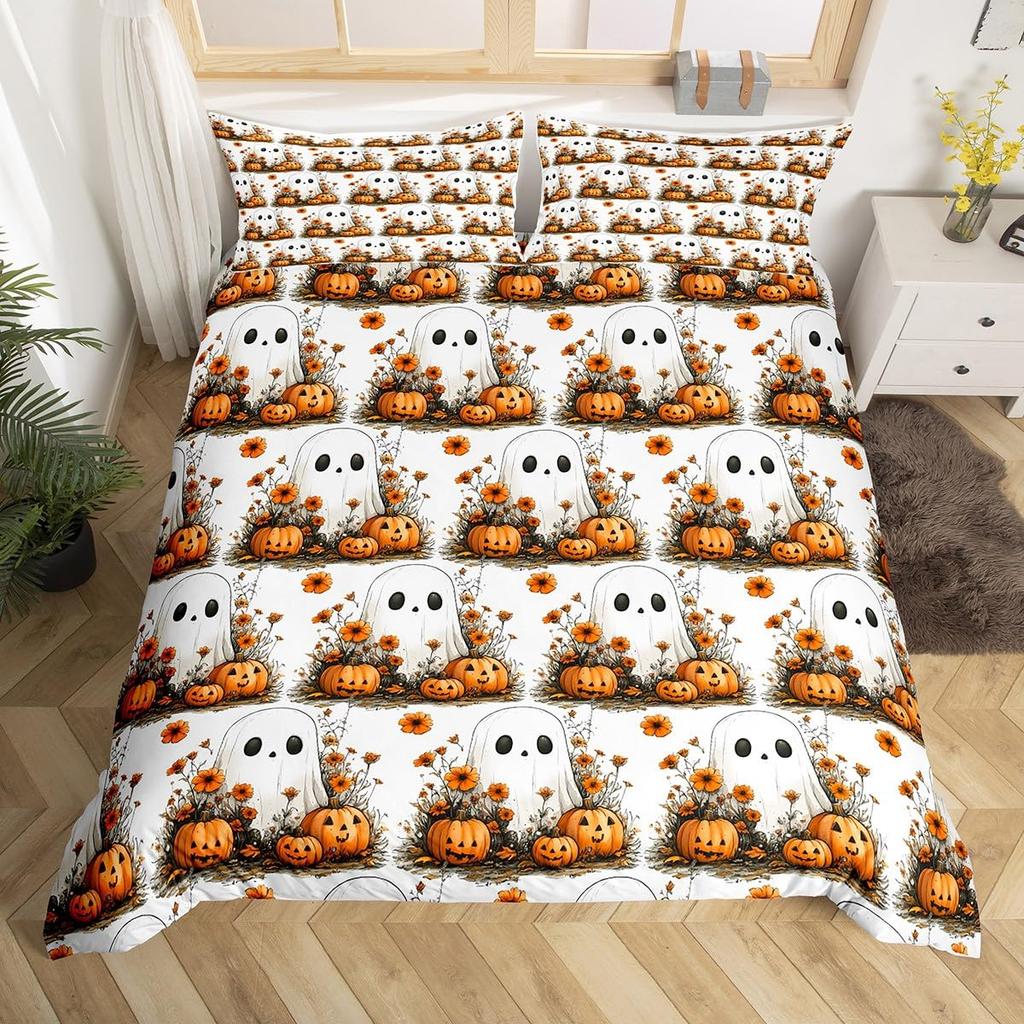 Cartoon Ghost Duvet Cover Twin Queen Happy Halloween Bedding Set Orange Pumpkin Flowers Rustic Comforter Cover with 2 Pillowcase