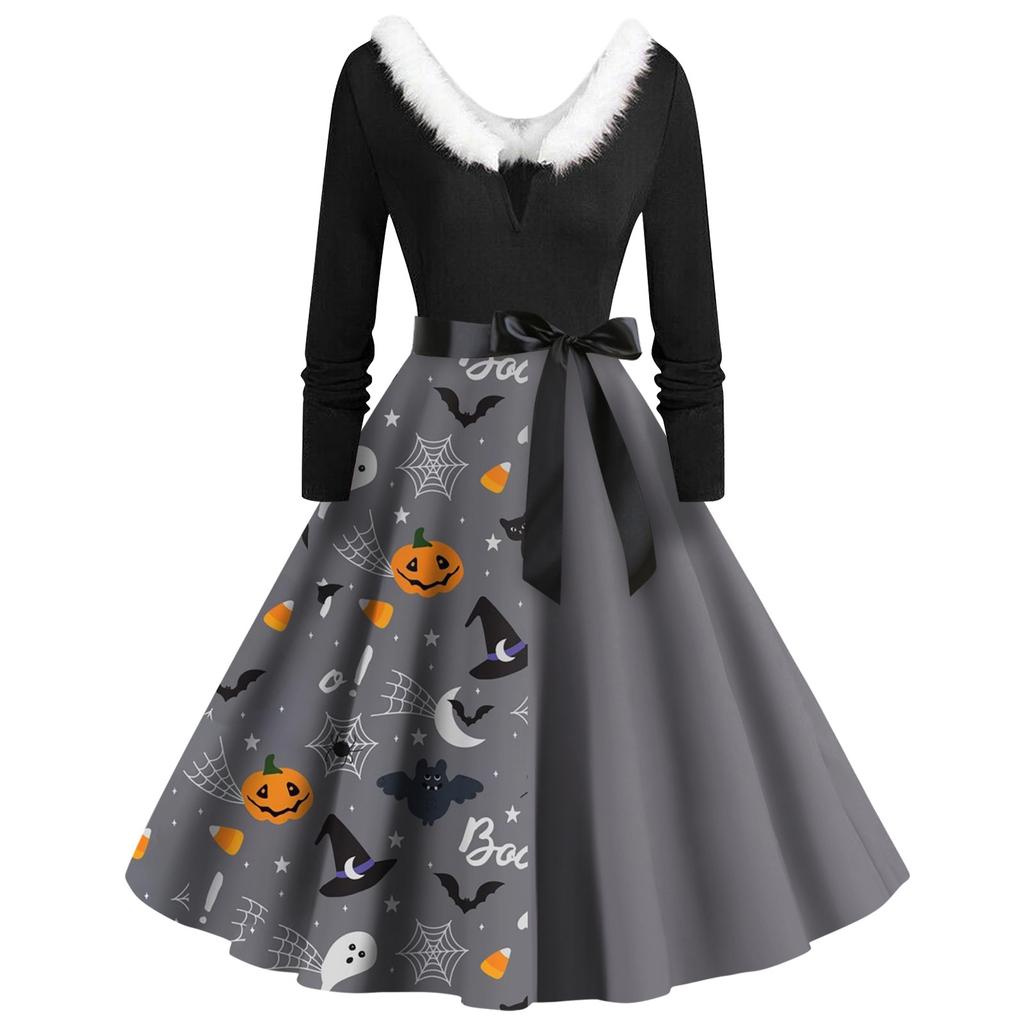 Women's Casual Fashion V-Neck Hairy Halloween Printed Long Sleeve Dresses