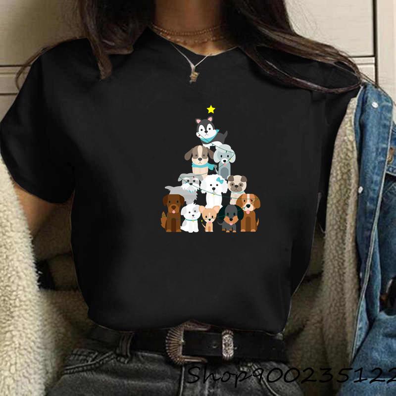 

Різдвяна футболка з собаками, жіноча футболка з принтом, мила мультяшна футболка з круглим вирізом, повсякденний одяг для дівчат у стилі хараджуку, графічні футболки для жінок XXL білий