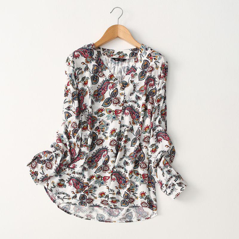Foreign Trade Original Order Loose Plaid Ethnic Print V Neck Cotton Silk Shirt Women's Long-Sleeved Artificial Cotton Pullover Shirt