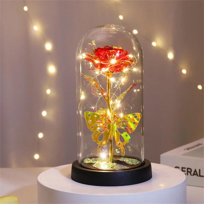 Galaxy Rose Lamp with Butterfly & Colorful LED Lights Artificial Rose in Glass Dome Battery Powered Romantic Gift for Wedding Home Decor