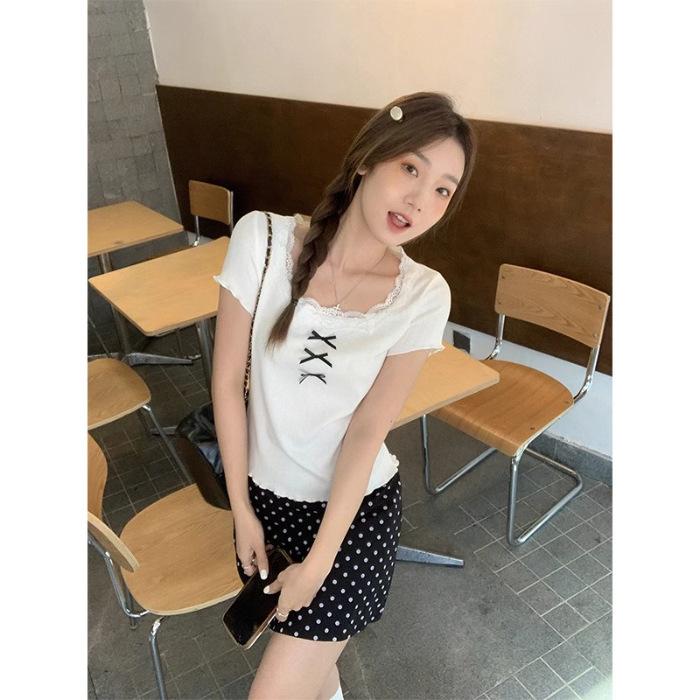 

Ballet Style Lace Short-sleeved T-shirt for Women In Summer Pure and Sexy Little Girl Bow Top XL