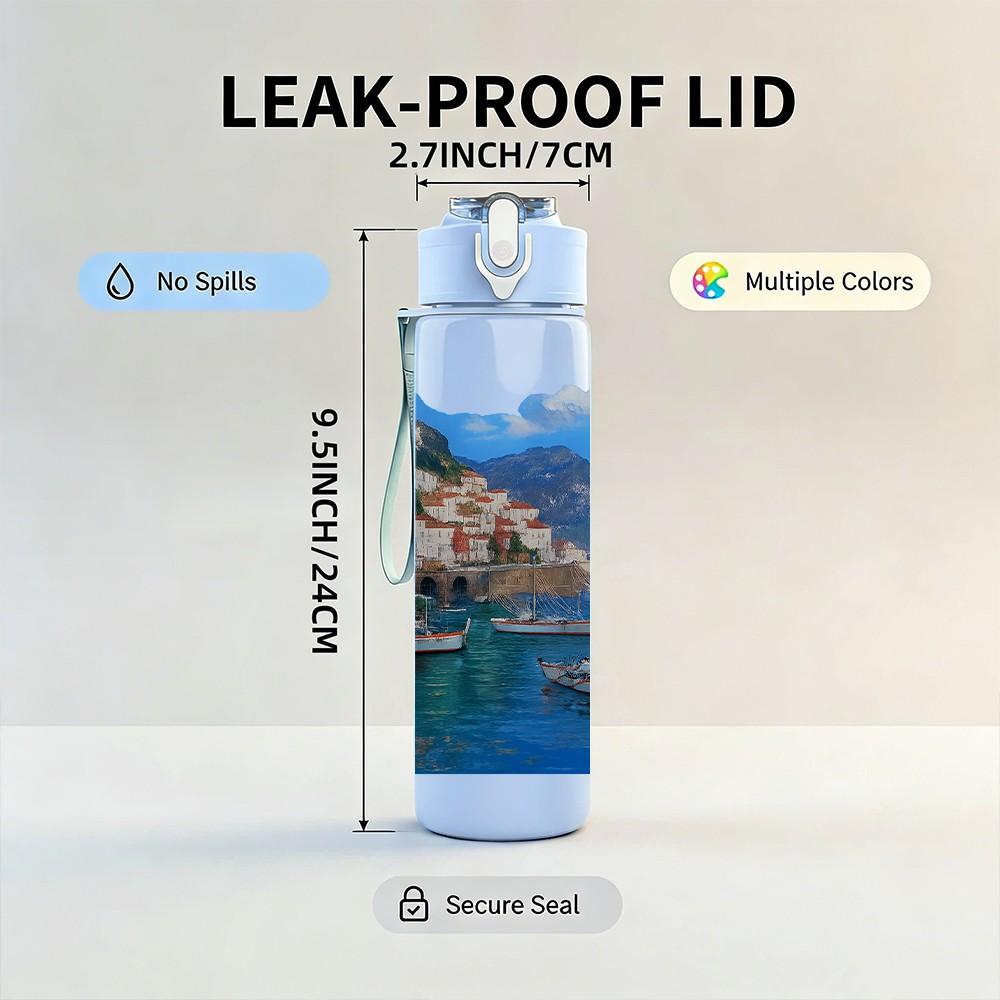 1PC Coast Sea Mountain View 750ml Color Plastic Sports Water Bottle Leakproof Flip Straw Lid Suitable for Sports Office Home Use