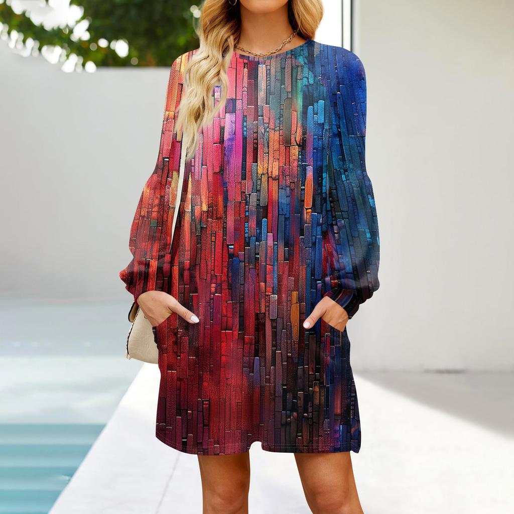 Fashion Womens Long Sleeve A Line Dress Fall Casual Pullover Crewneck Loose Fit Dress With Pockets