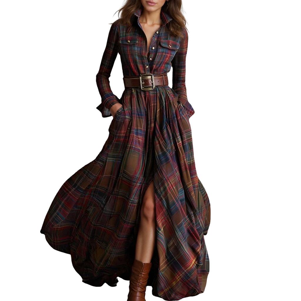 Women's Fashion Vintage Check Waist-cinching Slimming Asymmetrical Design Collar Long-sleeved Dress