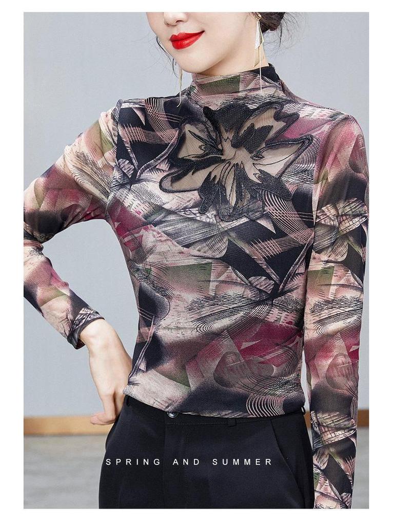 2025 Spring & Autumn Fashion Semi-High Neck Mesh Slimming Top for Moms