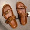Ciabatta piatta con fibbia in metallo marrone 2024 da donna a punta tonda aperta sul davanti ciabatte flatfrom per donna casual comode da interno scarpe con suola spessa